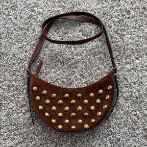 Madewell Brown Suede Crescent Crossbody with Gold Studs